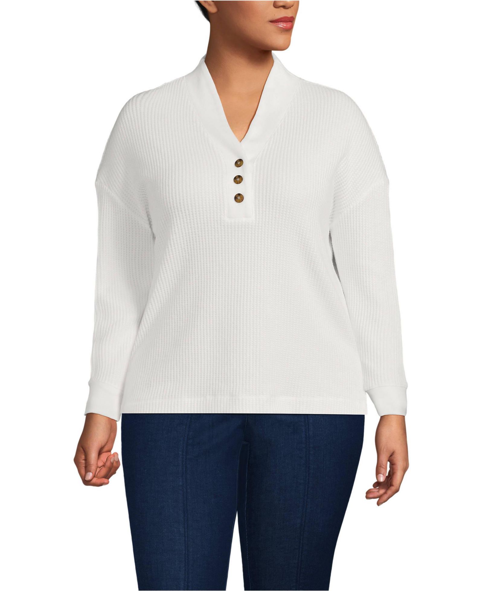 Lands' End Plus Size Long Sleeve Waffle Shawl Collar Henley