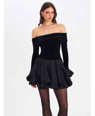 Miss Circle Women Magnolia Black Off-Shoulder Layered Satin Mini Dress