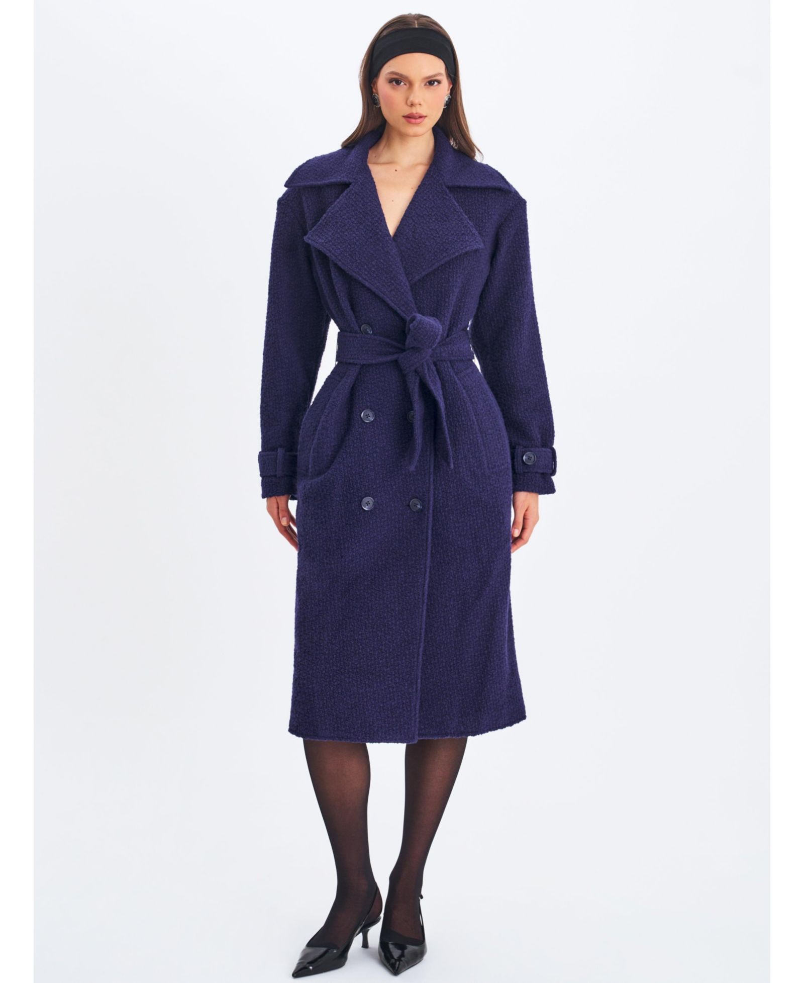 Miss Circle Women Jaelyn Midnight Blue Wool Blend Double-Breasted Belted Coat