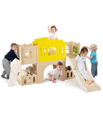 Gymax 7-in-1 Toddler Slide Set Wooden Castle-Shaped Activity Center