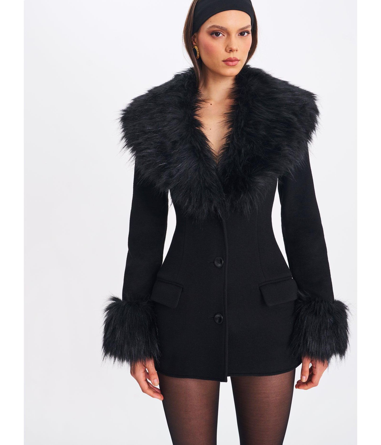Miss Circle Women Hailee Black Single Breasted Wool Blend Mini Coat with Removable Fur Lapel