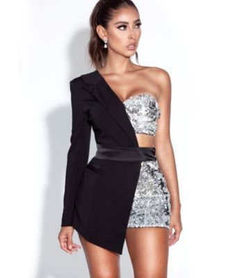 Miss Circle Women's Skylynn Sequin Black One Sleeve Blazer Romper