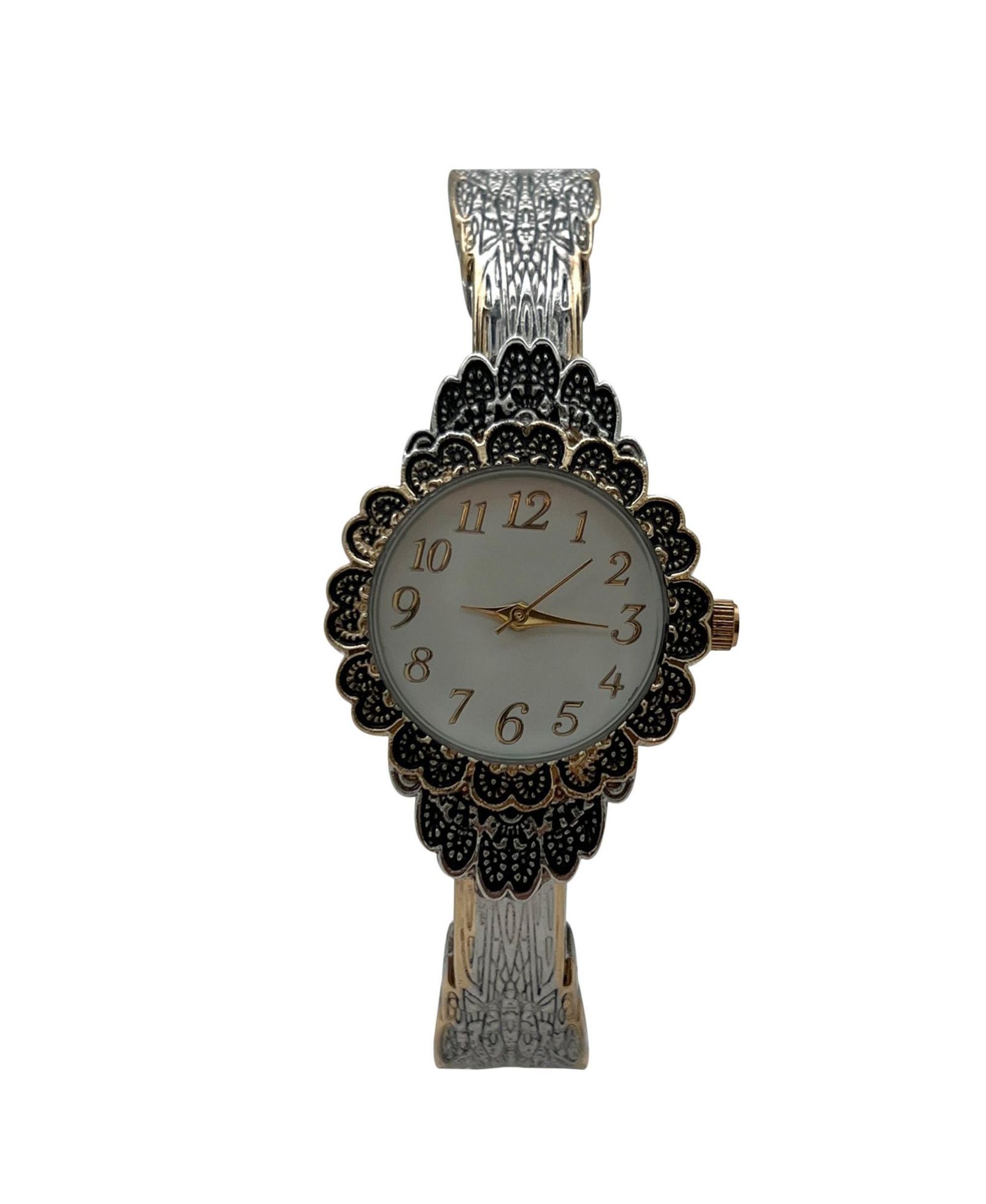 Olivia Pratt Two Tone Elegant Flower Detailed Face Bangle Women Watch