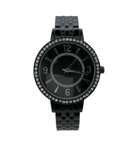 Olivia Pratt Black Round Face Rhinestone Bezel Textured Bangle Women Watch