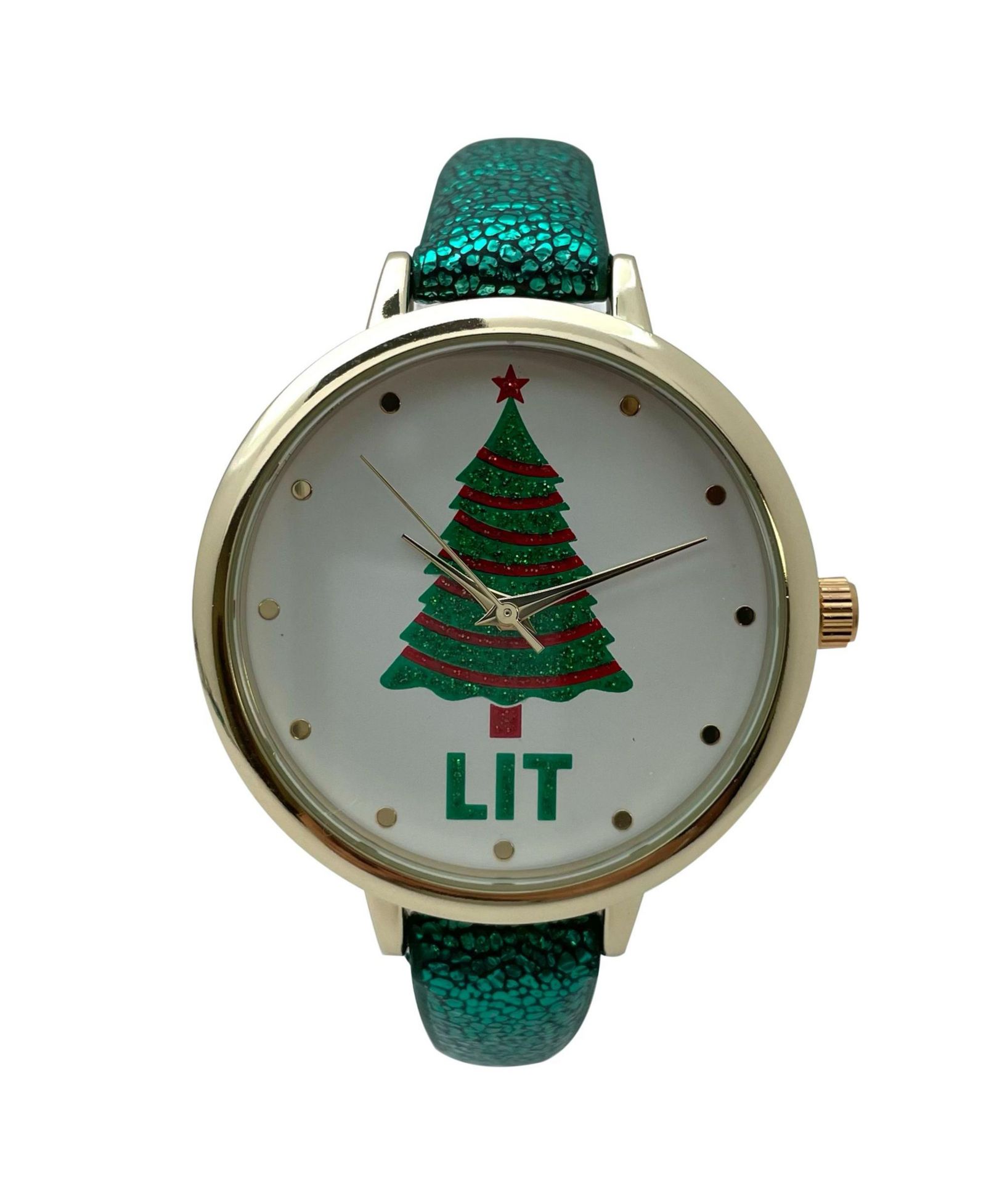Olivia Pratt Shiny Green Faux Leather Christmas Themed Women Watches