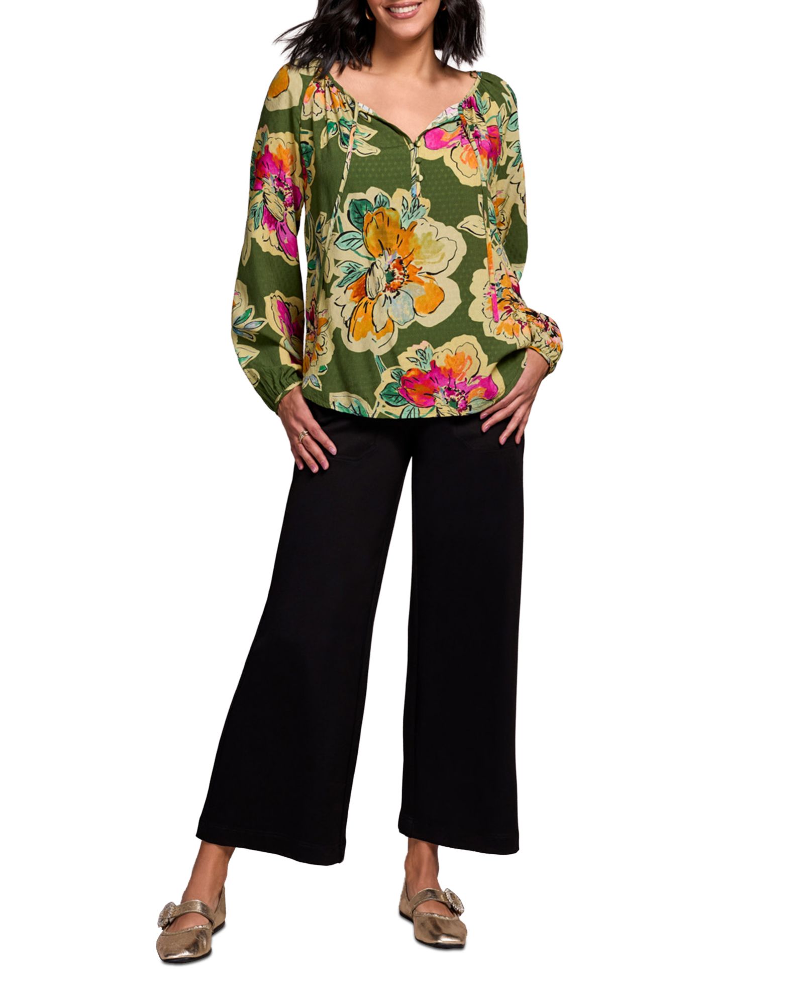 TRIBAL Women's Floral Textured Wove Notch Neck Top
