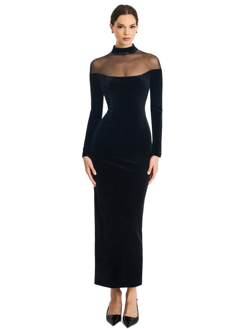 Женское прозрачное миди-платье Miss Circle Blair Black Sheer Mock Neck Maxi