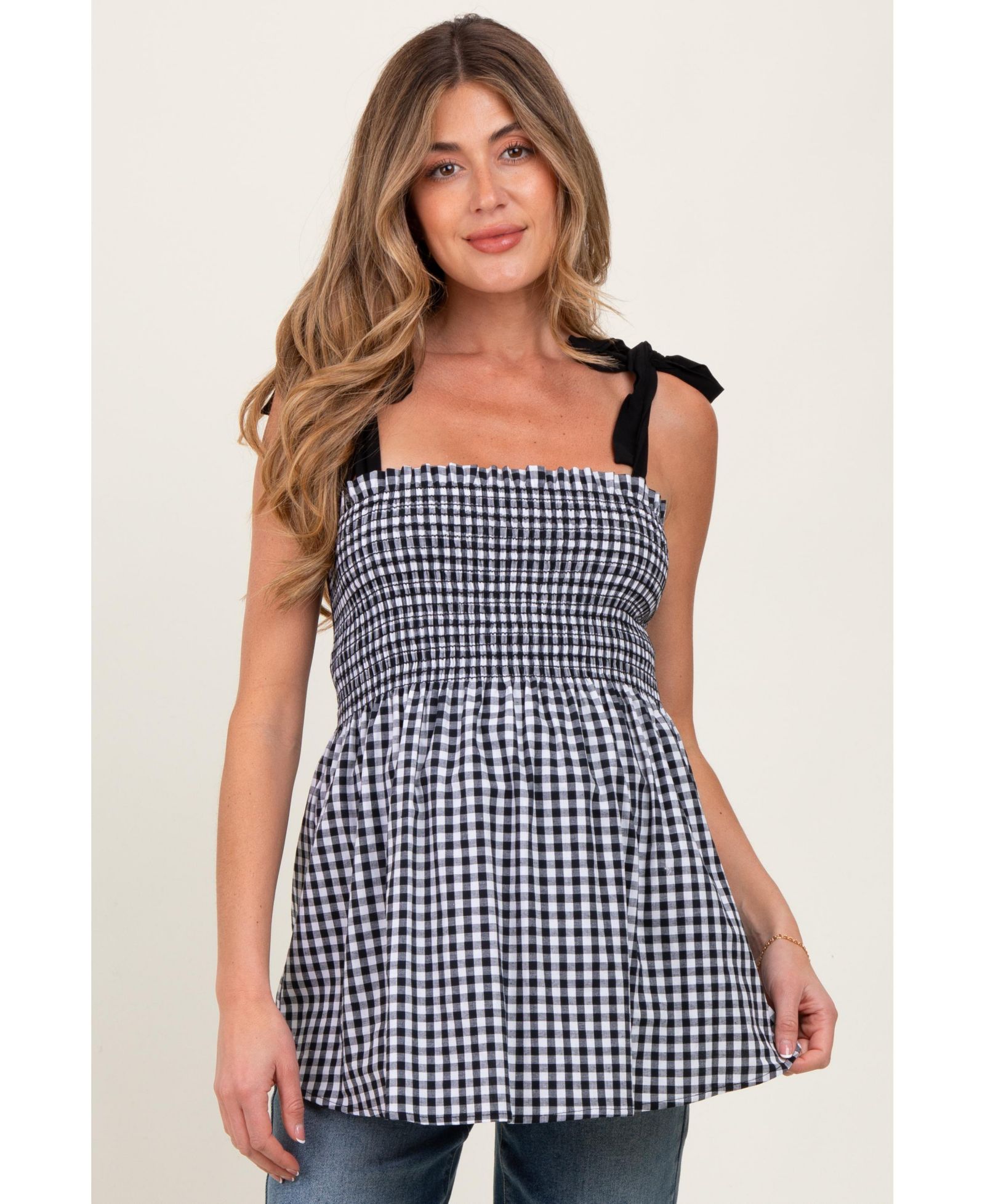 Женский топ Pinkblush с клеткой gingham и завязками на плечах, черный