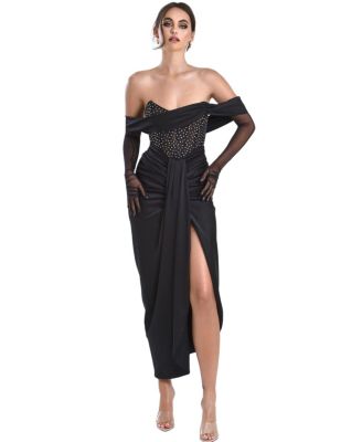 Miss Circle Women's Stella Black Off Shoulder Crystal Corset Satin Gown