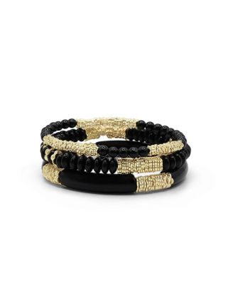 Black Beads and Gold Plated Textured Bead Bracelet Stack