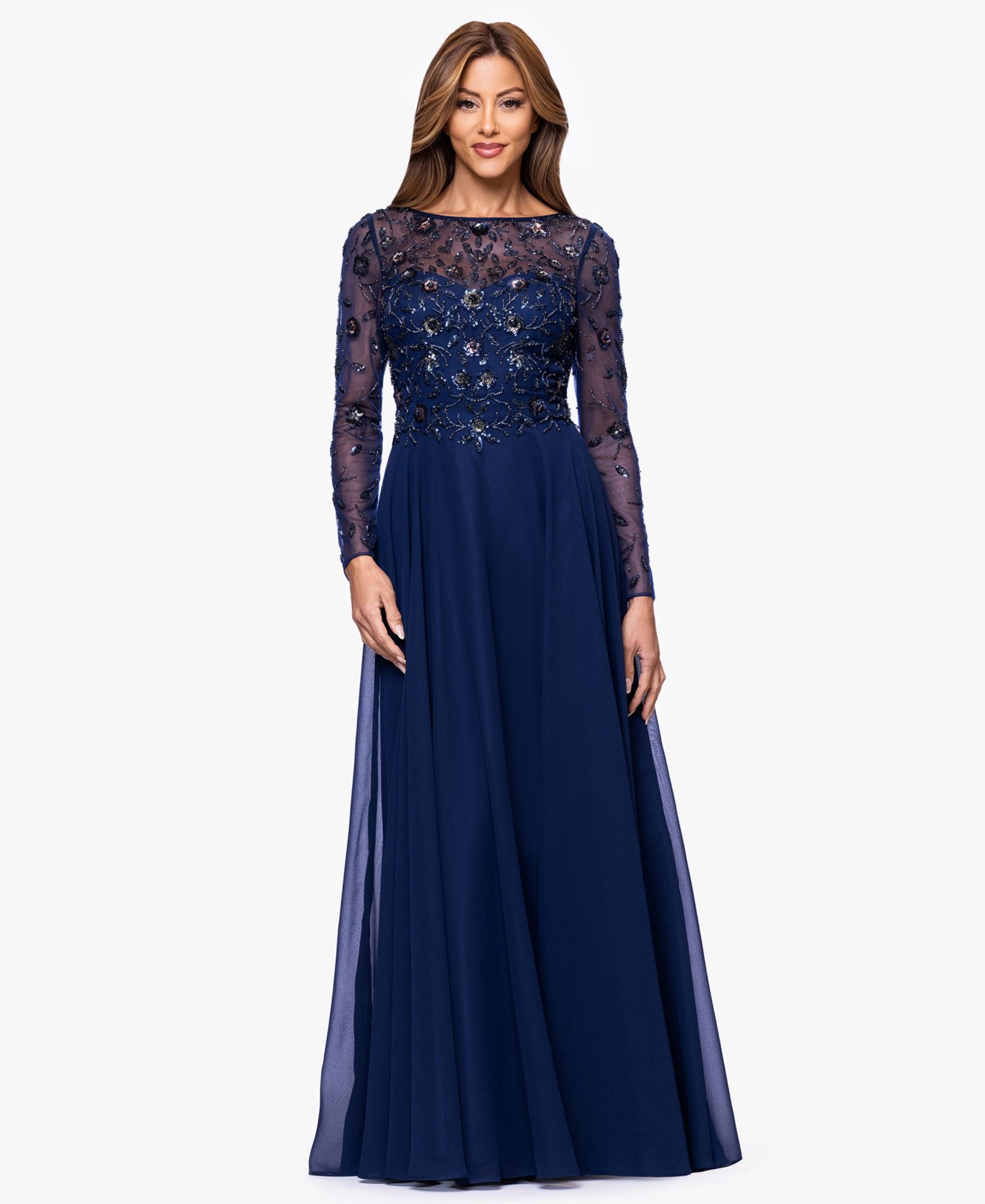 XSCAPE Women's Long-Sleeve Boat Neck Gown