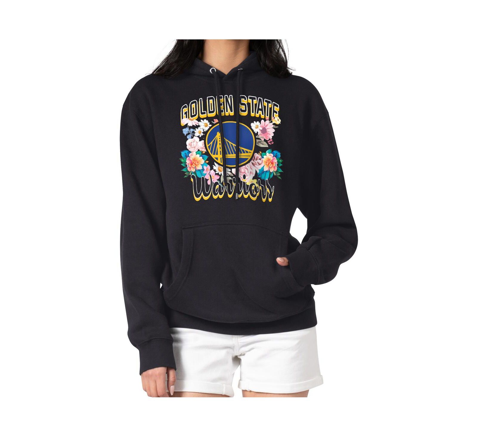 G-III 4Her by Carl Banks Women's Black Golden State Warriors Flowers Team Logo Graphic Fleece Pullover Hoodie