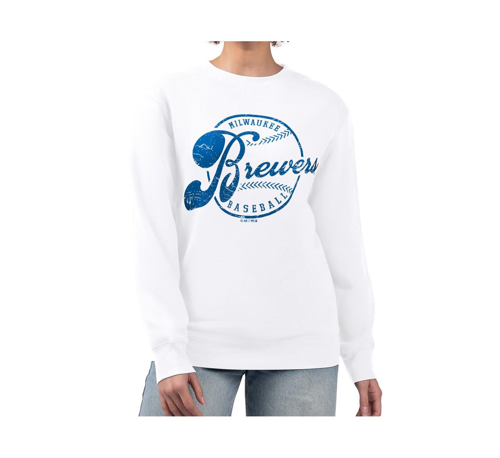 G-III 4Her by Carl Banks Women's White Milwaukee Brewers Distressed Baseball Team Fleece Pullover Sweatshirt