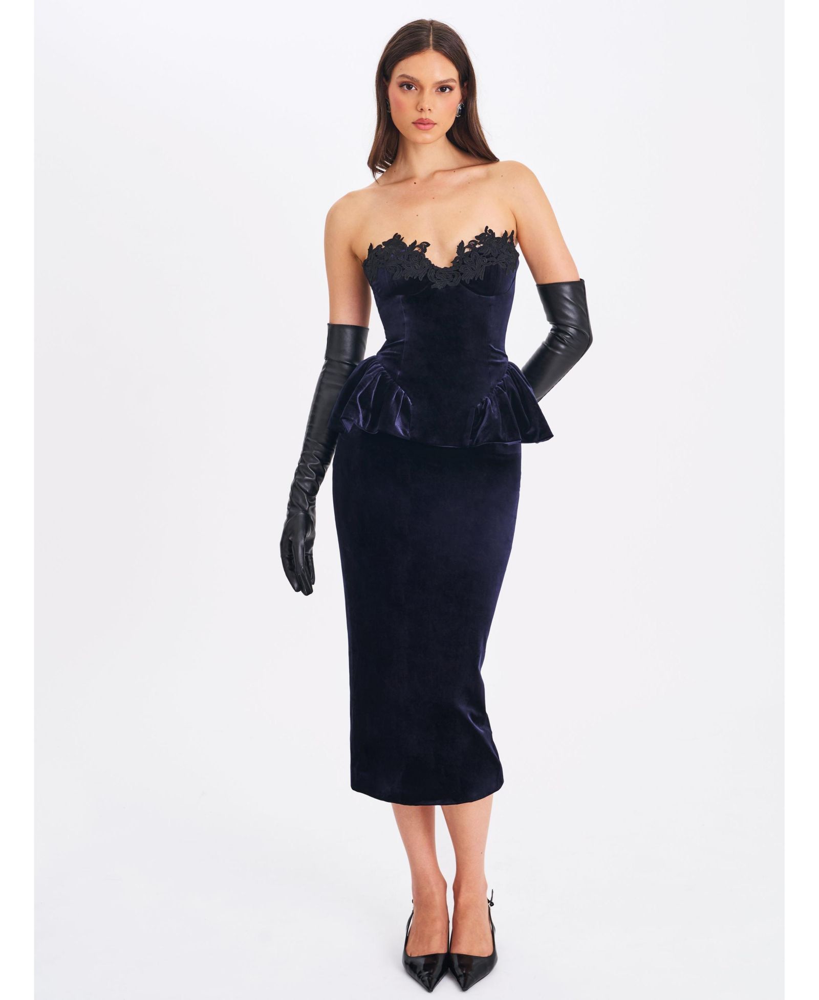 Miss Circle Women Pascha Black Lace Appliqué Strapless Peplum Maxi Dress
