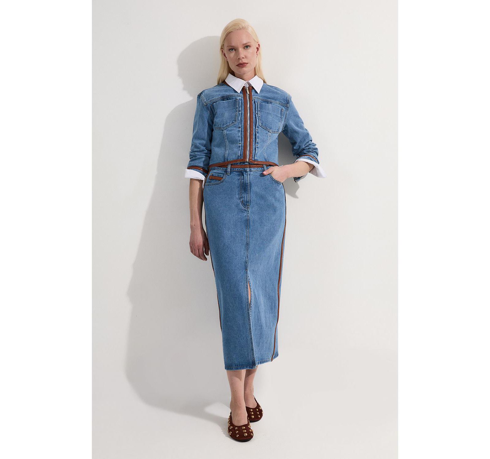 Karen Millen Women's Denim and Leather Collarless Jacket