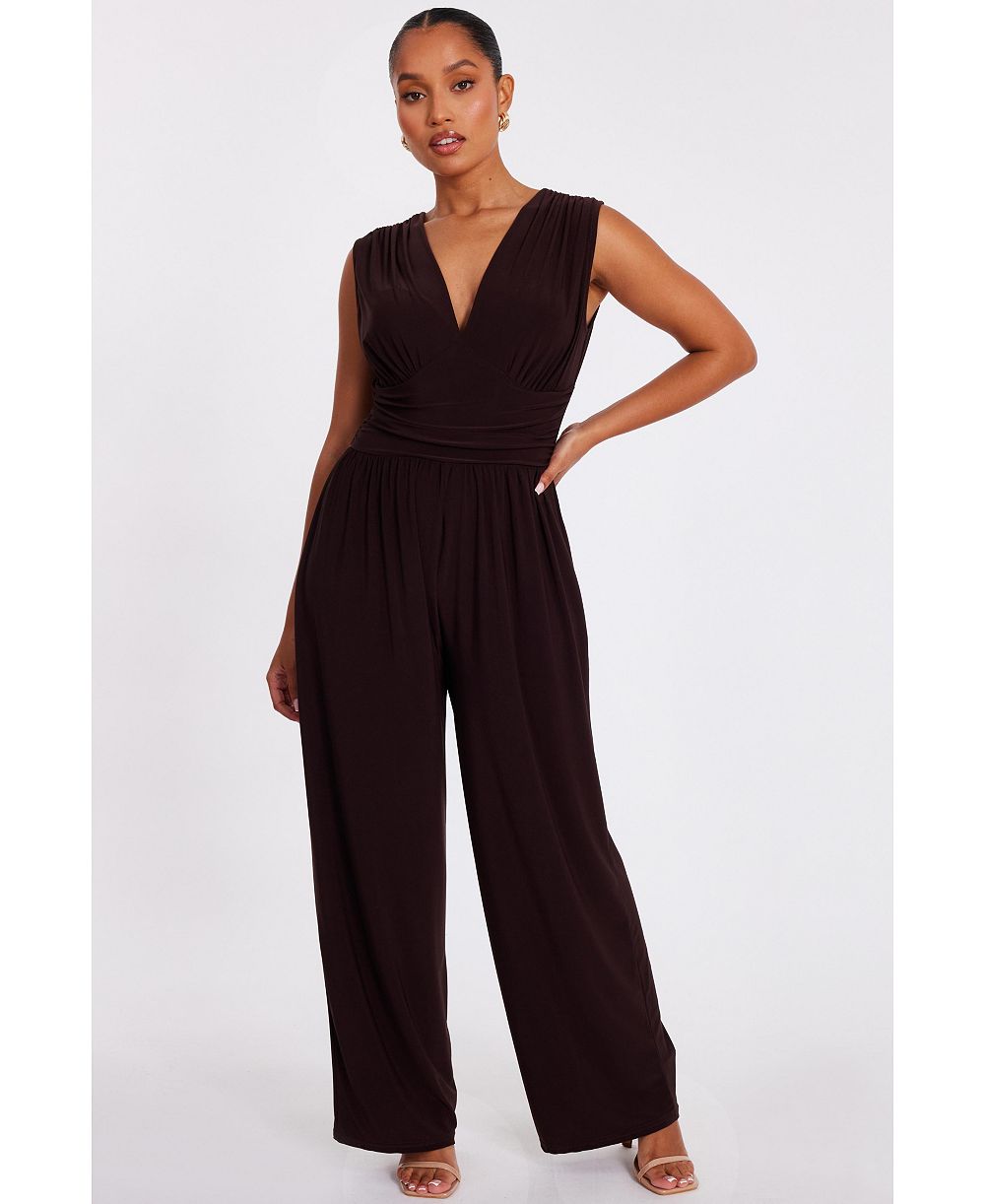 QUIZ Women's ITY V-Neck Ruched Detail Jumpsuit
