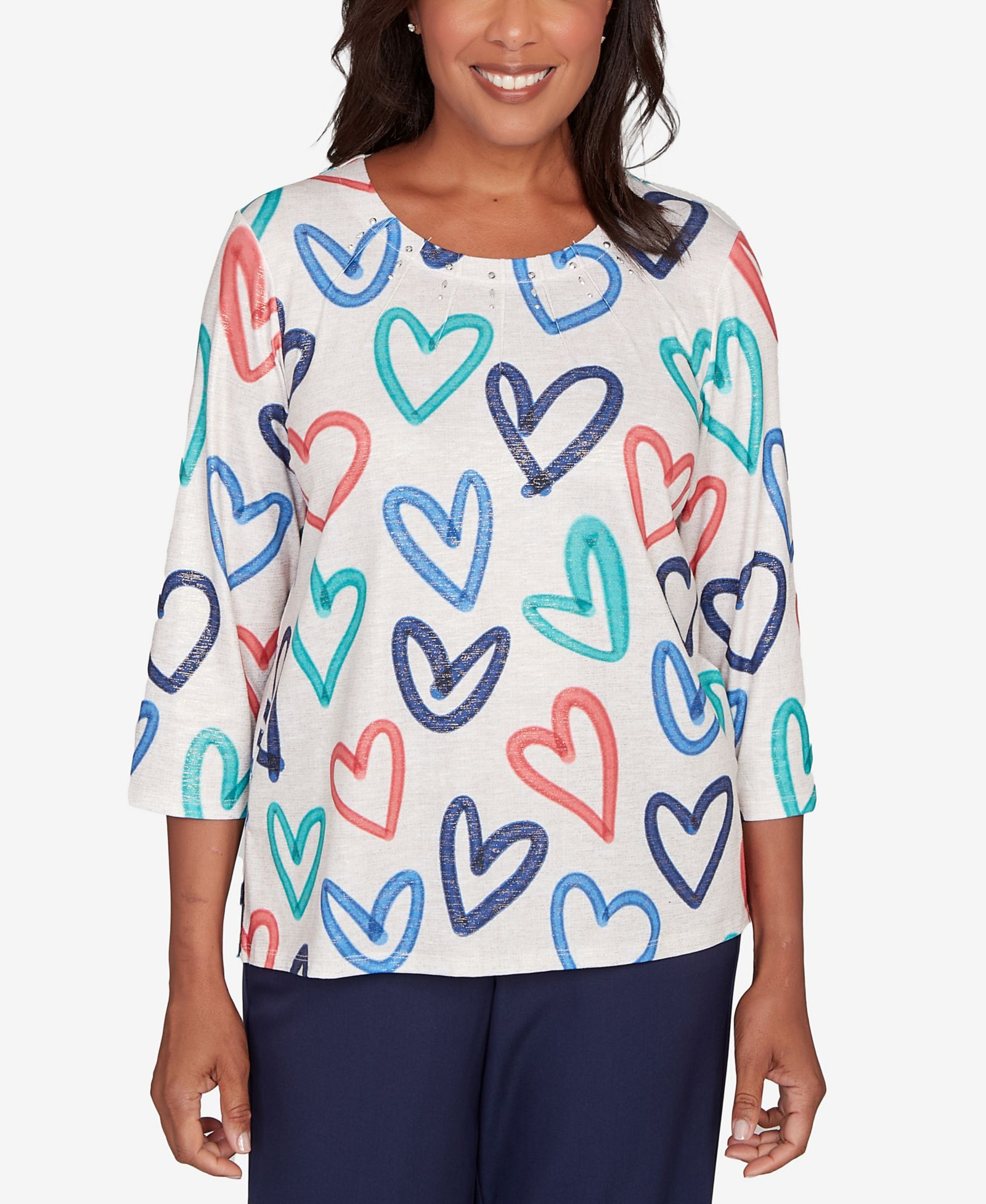 Alfred Dunner Petite Saratoga Springs Tossed Heart Pattern Knit Top