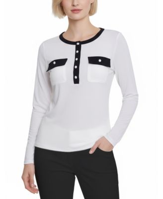 NY Collection Petite Long Sleeve Contrast Detail Top