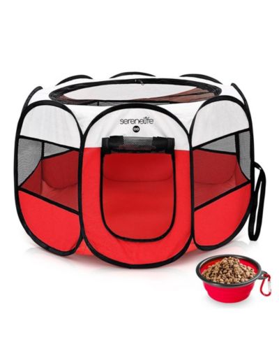 SereneLife Large Portable & Foldable Pet Tent with Travel Bowl, Red
