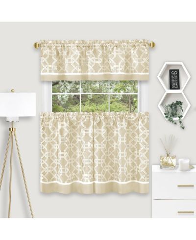 Kate Aurora Geometric Crescent 3 Piece Rod Pocket Cafe Kitchen Curtain Tier & Valance Set - 24 in. Long