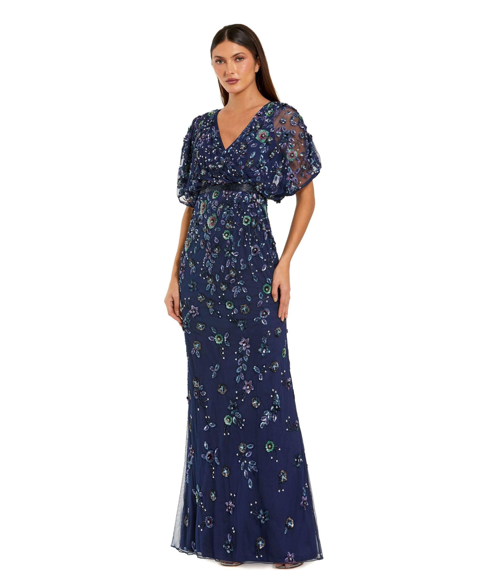 Женское вечернее платье Mac Duggal с цветочным декором и коротким рукавом