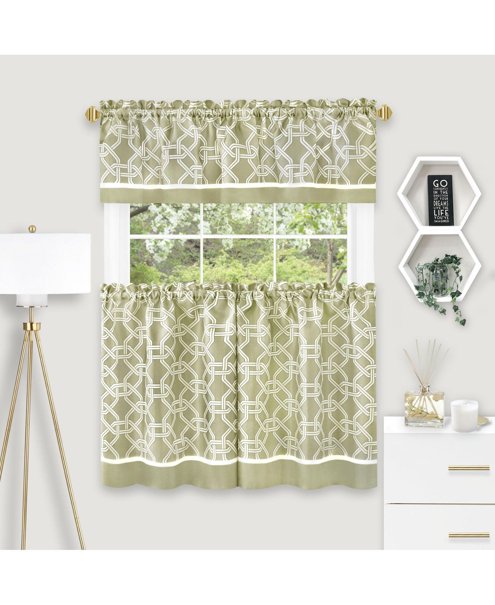 Kate Aurora Geometric Crescent 3 Piece Rod Pocket Cafe Kitchen Curtain Tier and Valance Set - 24 in. Long - Green