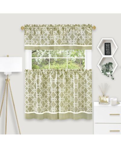 Комплект из штор и занавесок Kate Aurora Geometric Crescent 3 Piece Rod Pocket Cafe Kitchen - 24 in. Long - Green