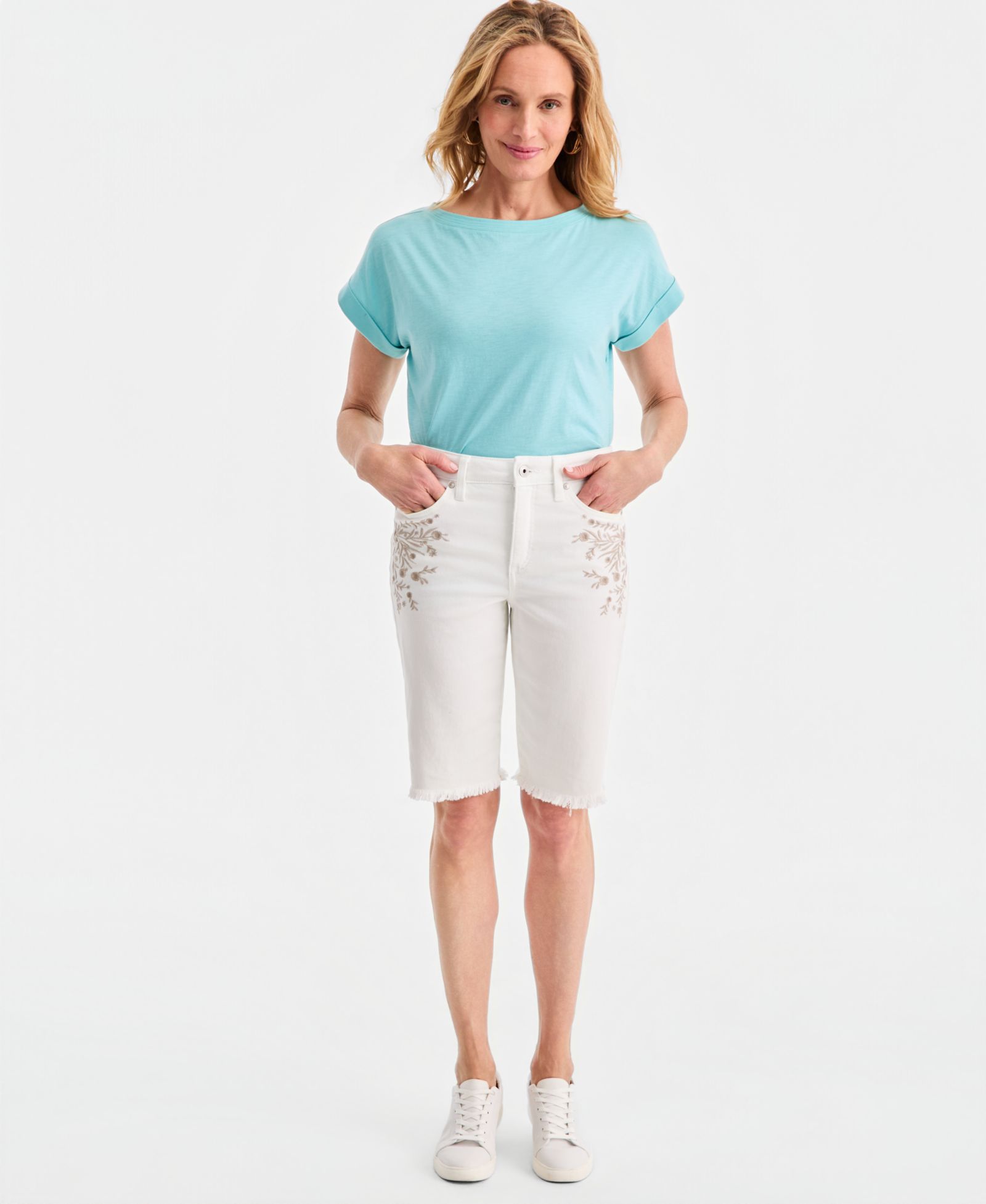 Style & Co Women's Embroidered Mid-Rise Raw-Edge Bermuda Shorts, Macy's Exclusive