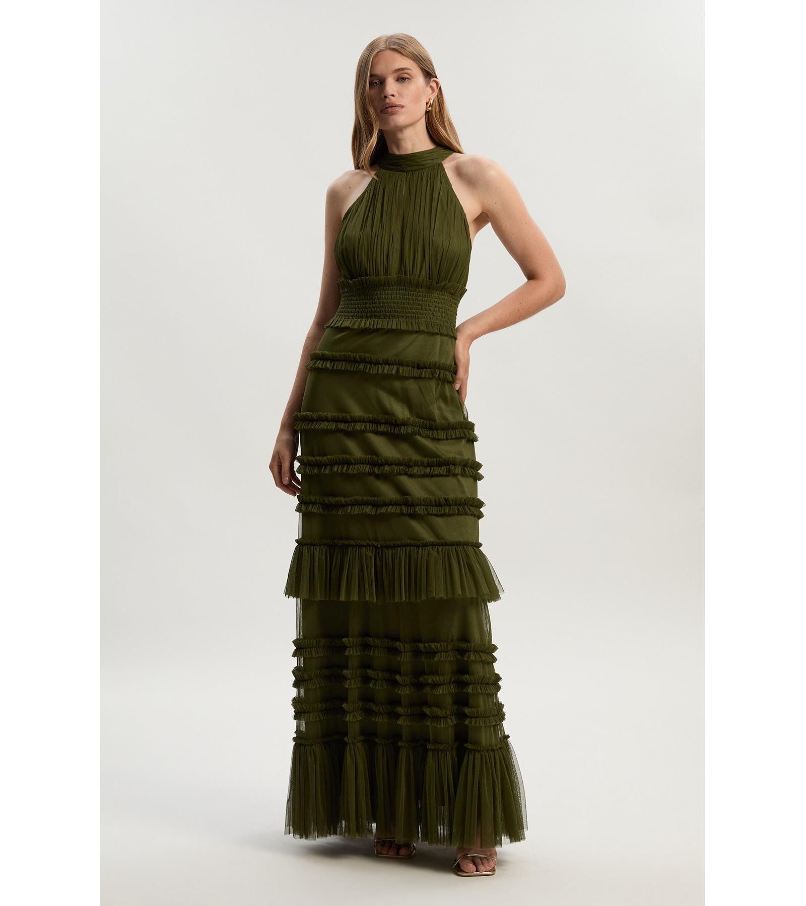 Karen Millen Women's Tulle Layered Halter Neck Maxi Dress