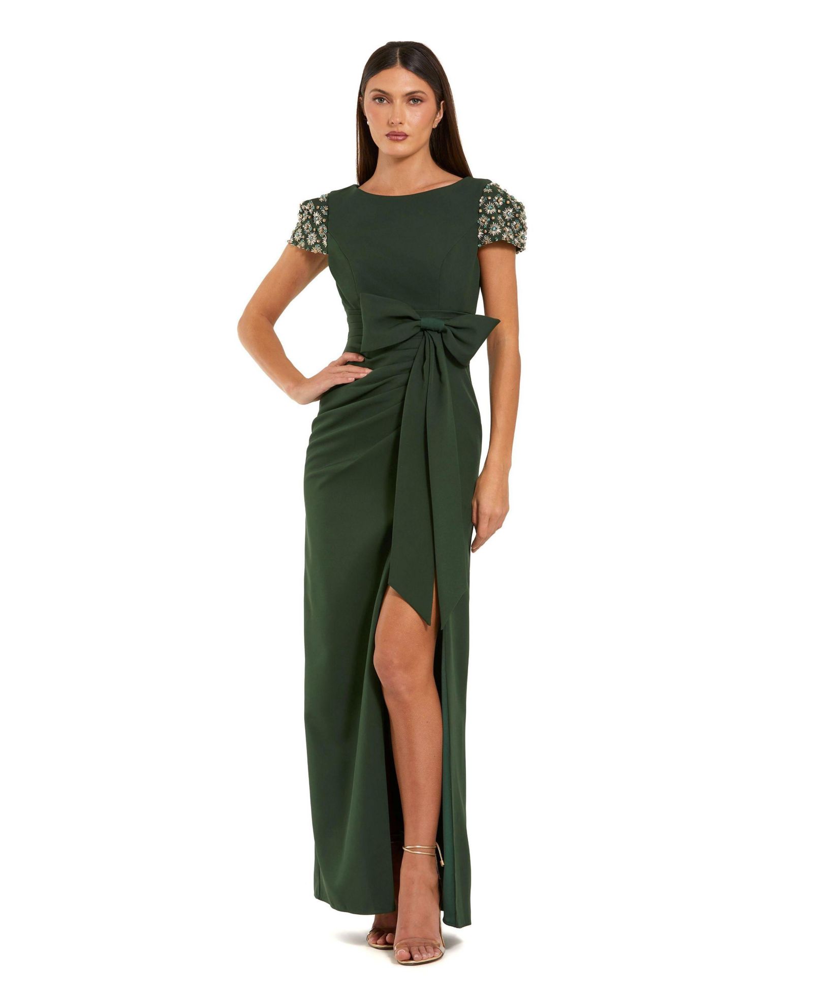 Mac Duggal Женское вечернее платье из крепа с бисером, короткими рукавами и разрезом