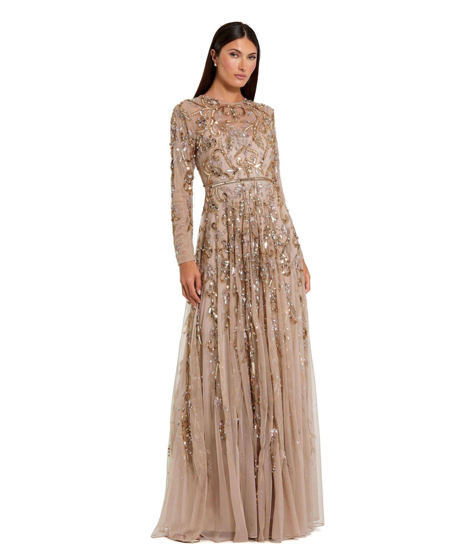 Вечернее платье Mac Duggal Women's Long Sleeve Hand-Embellished Illusion Neckline