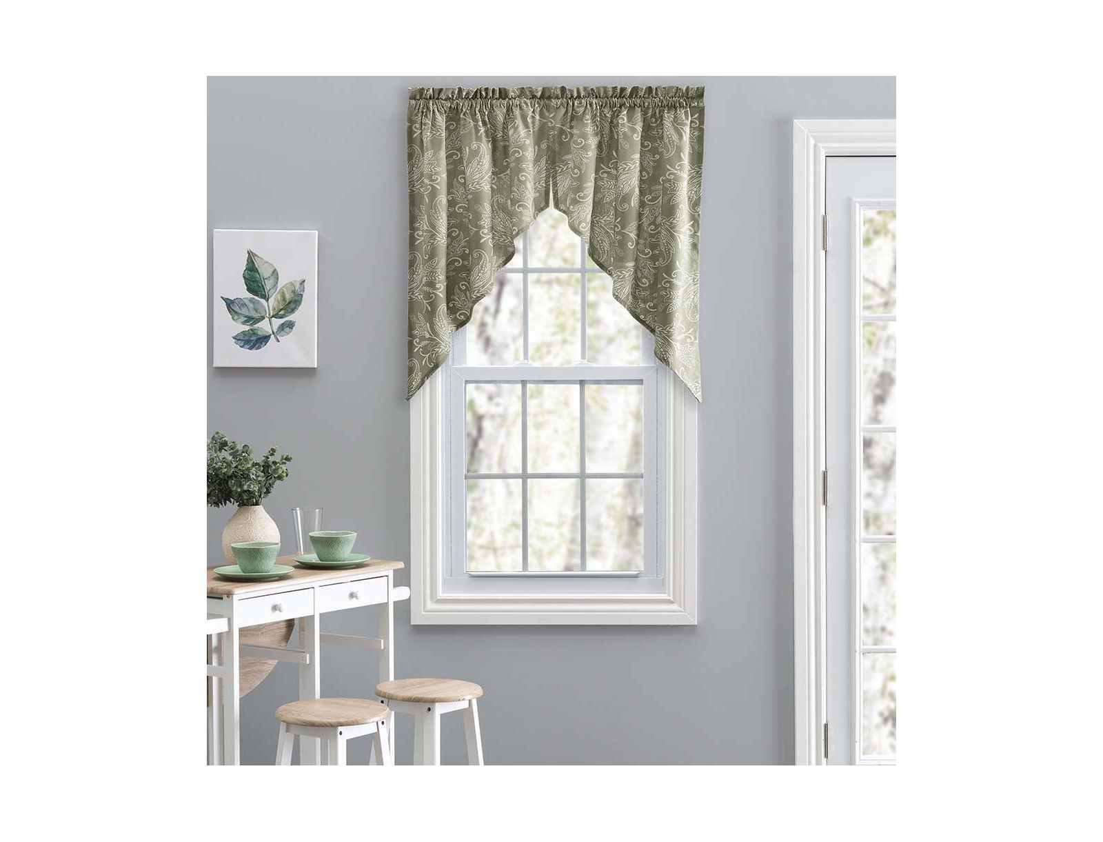 Ellis Curtain Lexington Leaf Pattern on Colored Ground Tailored Swags 56"x36" Sage