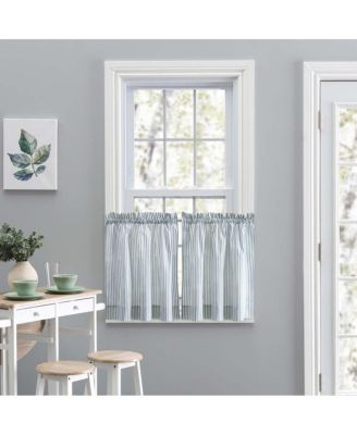 Ellis Curtain Plaza Classic Ticking Stripe Printed on Natural Ground 1.5" Rod Pocket Tailored Tiers Blue