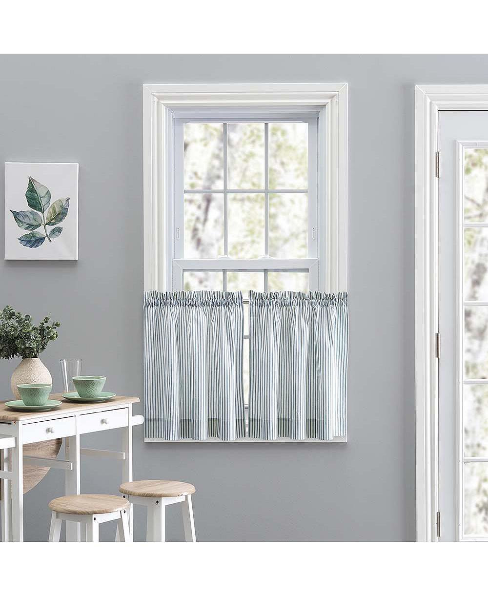 Ellis Curtain Plaza Classic Ticking Stripe Printed на Natural Ground 1.5" Rod Pocket Tailored Tiers Blue