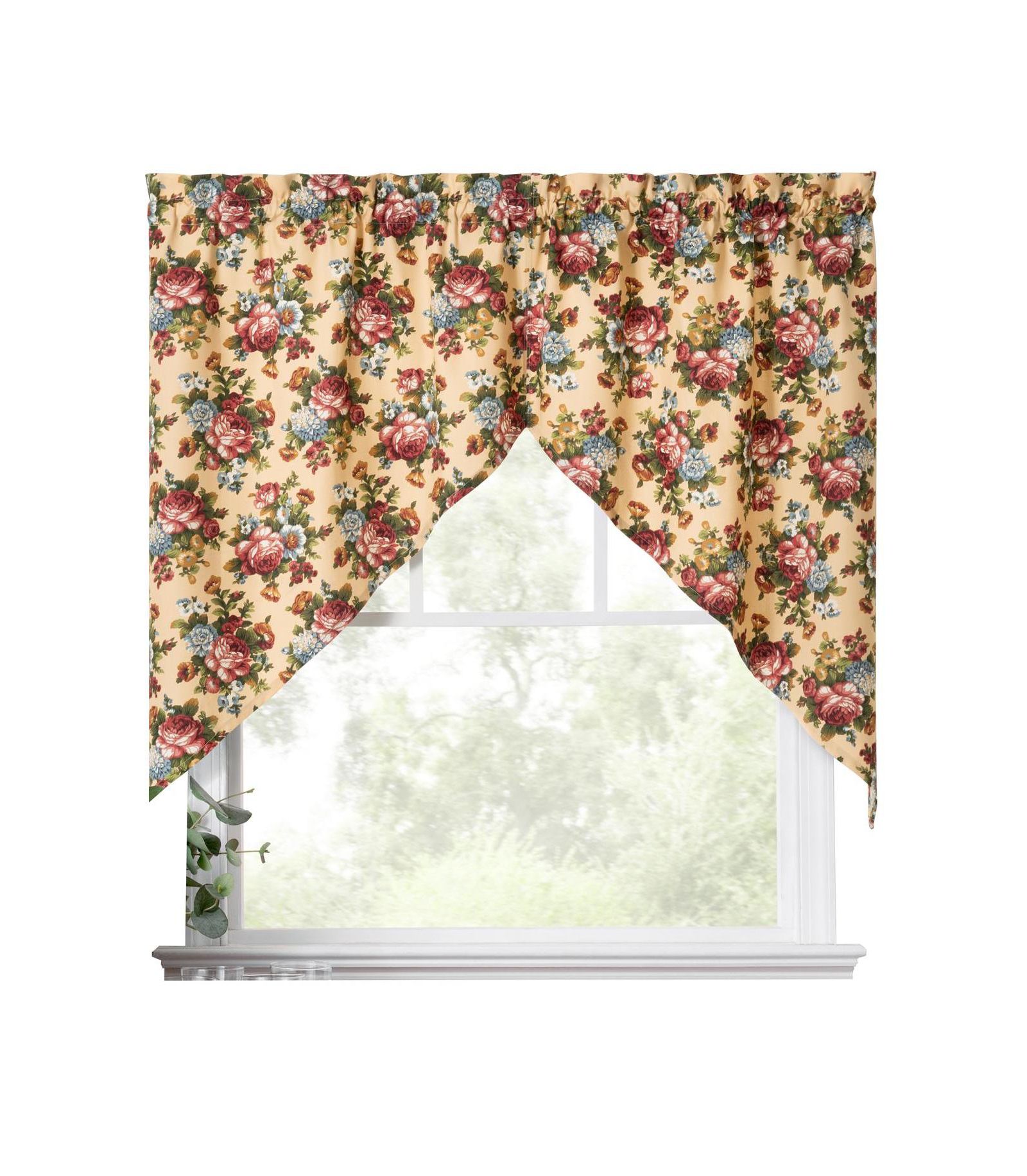 Ellis Bella Rose Stylish Medium Scale Printed Floral Pattern 1.5" Rod Pocket Tailored Swag 56"x36" Butter