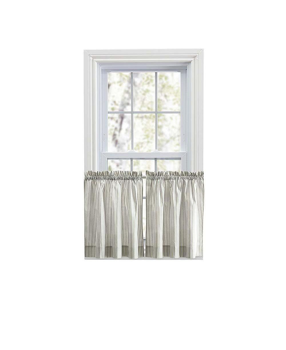 Ellis Curtain Plaza Classic Ticking Stripe Printed on Natural Ground 1.5" Rod Pocket Tailored Tiers Sage