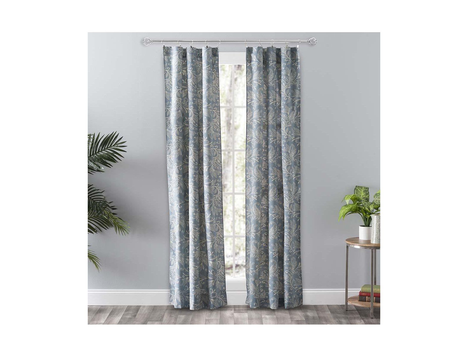 Ellis Curtain Lexington Leaf Pattern on Colored Ground Curtain Pair with Ties Blue
