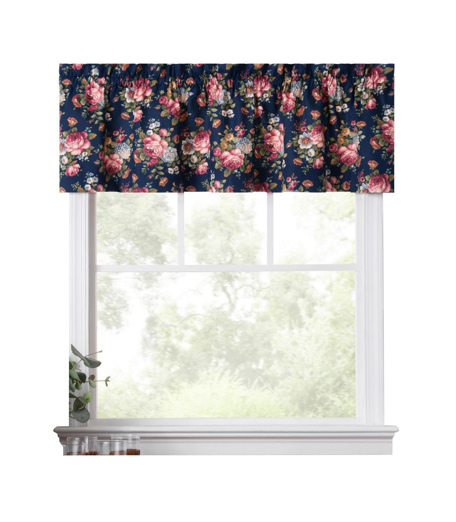 Ellis Bella Rose Stylish Medium Scale Printed Floral Pattern 1.5" Rod Pocket Tailored Valance 58"x15" Navy