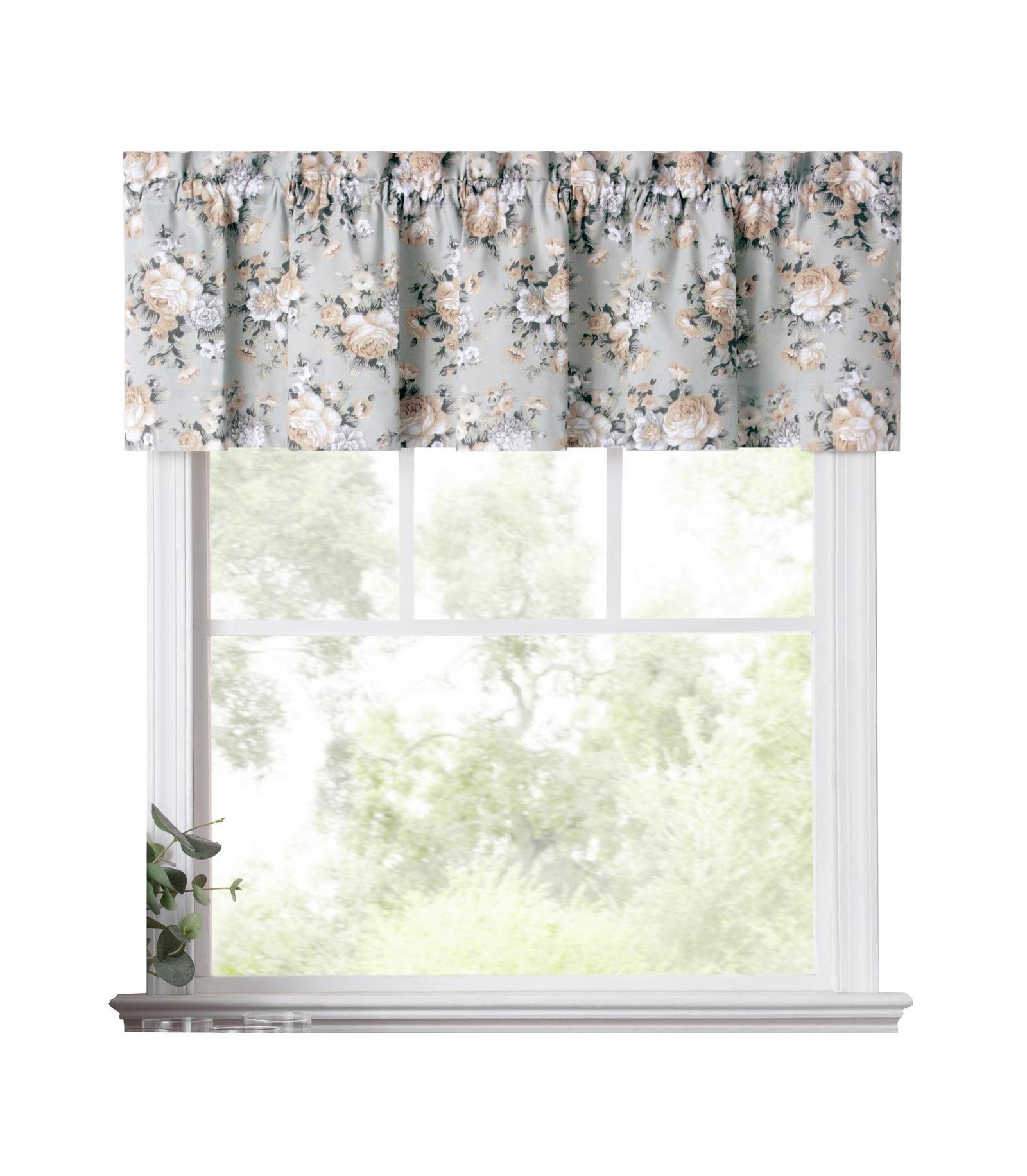 Ellis Bella Rose Stylish Medium Scale Printed Floral Pattern 1.5" Rod Pocket Tailored Valance 58"x15" Mist