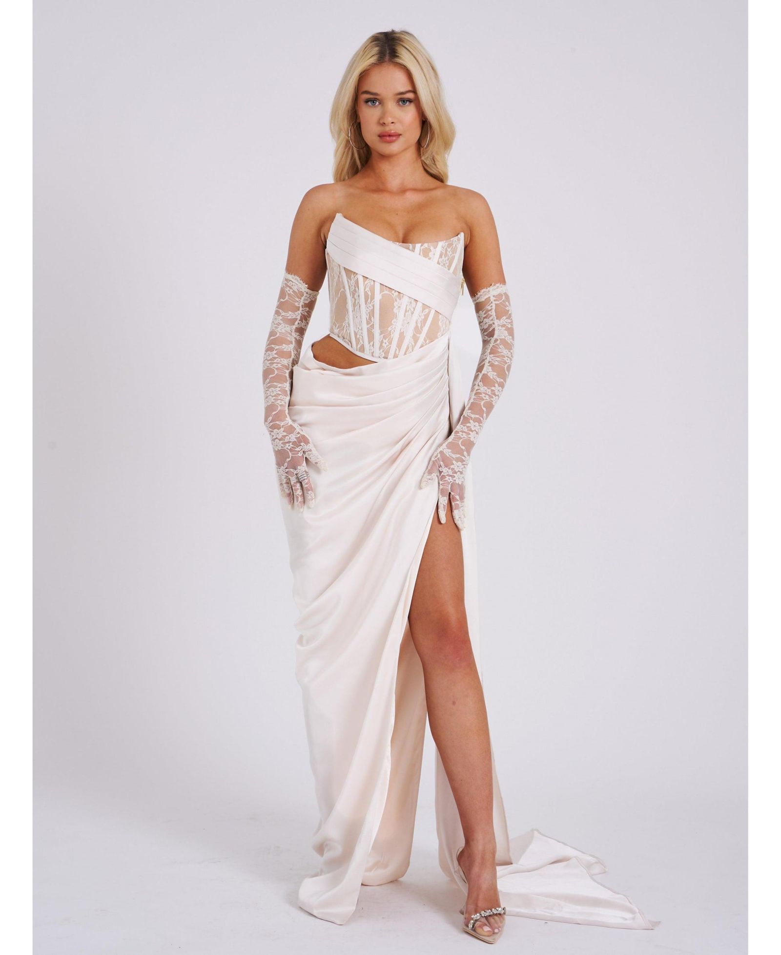 Женское вечернее платье Miss Circle Callie Pearl White Lace Satin Corset High Slit Gown