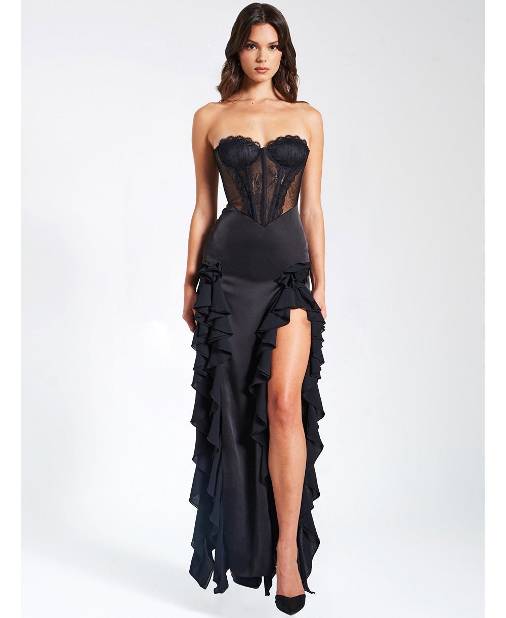 Miss Circle Women's Talia Black Satin Lace Corset Maxi Dress