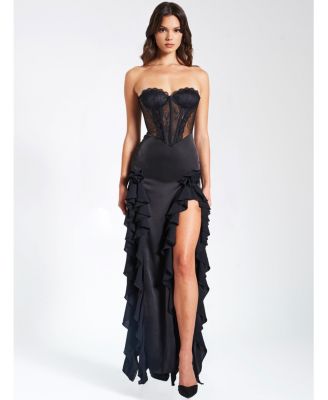 Miss Circle Women's Talia Black Satin Lace Corset Maxi Dress