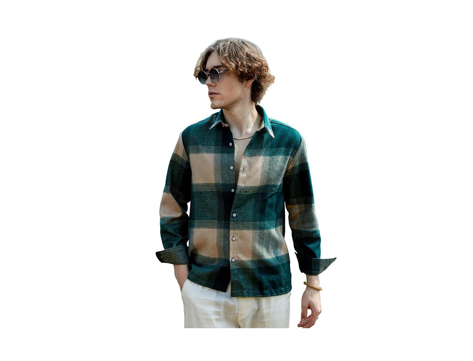 Campus Sutra Men's Emerald Green & Buff Beige Vignette-Checkered Oversized Shirt