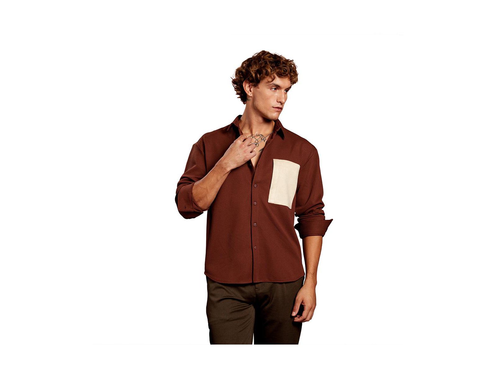 Cahoot Men's Campus Sutra Chocolate Brown Block-Patch Oversized Shirt