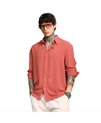 Campus Sutra Men's Coral Orange Breezy Wrinked Shirt