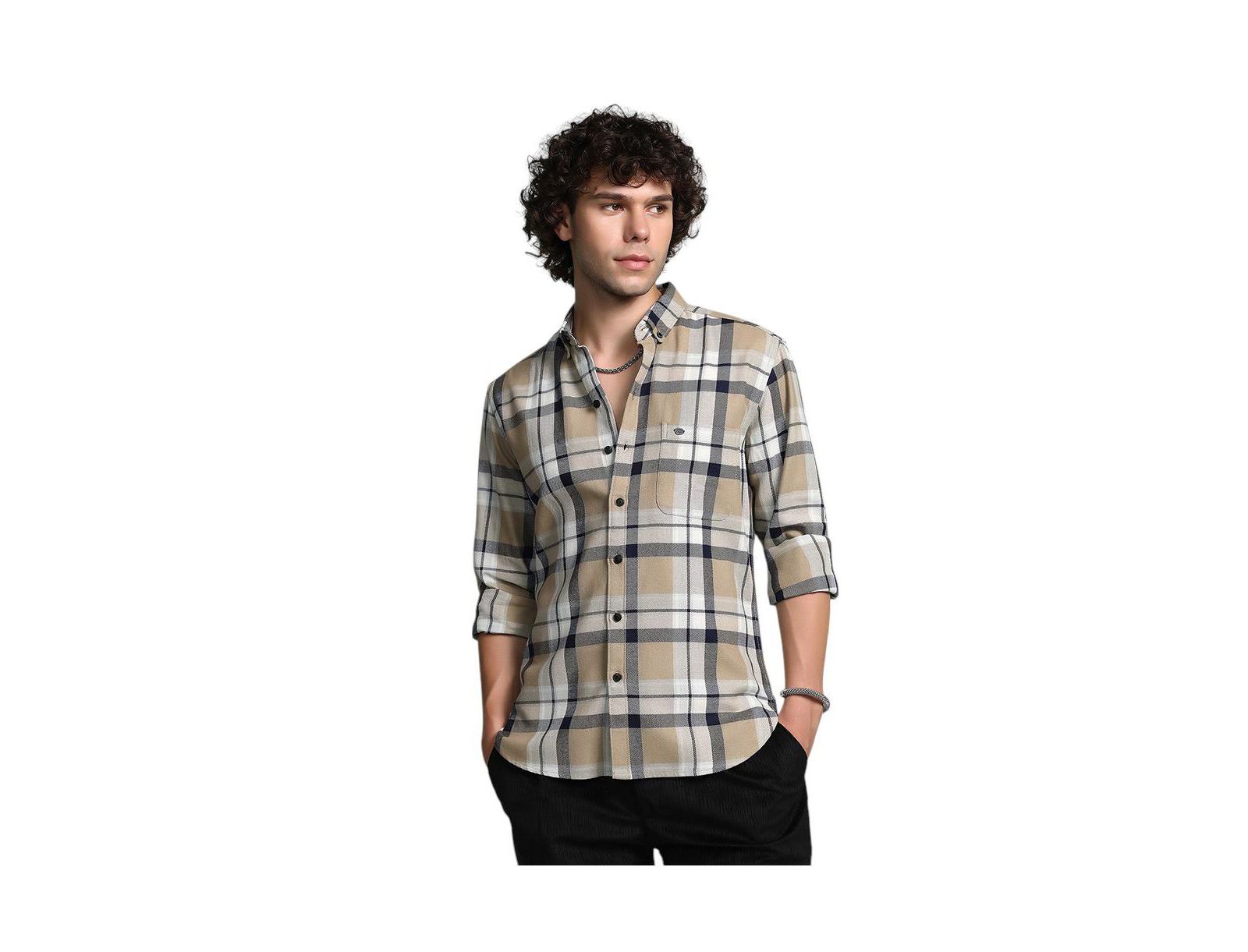 Cahoot Men's Campus Sutra Sand Beige Shadow-Checkered Shirt