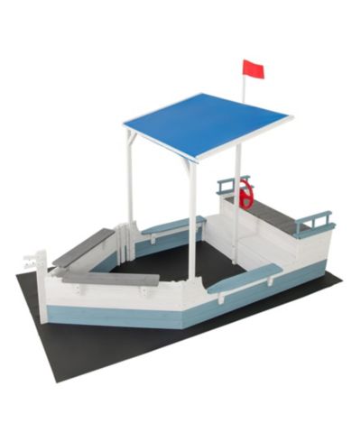 Pirate Ship Wooden Sandbox with Canopy and Bench Seats for Kids