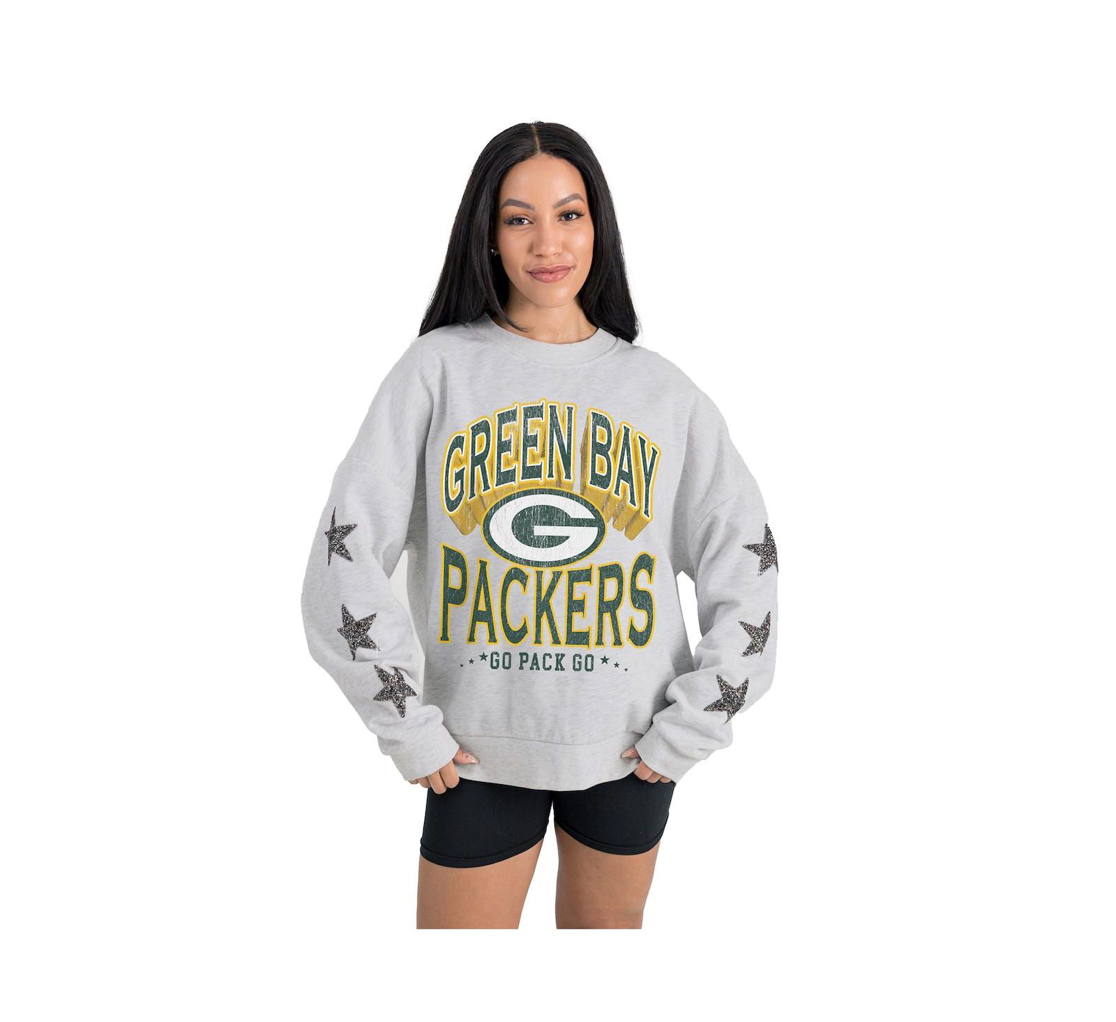 Gameday Couture Women's Ash Green Bay Packers Resilience Relaxed Rhinestone Pullover Sweatshirt