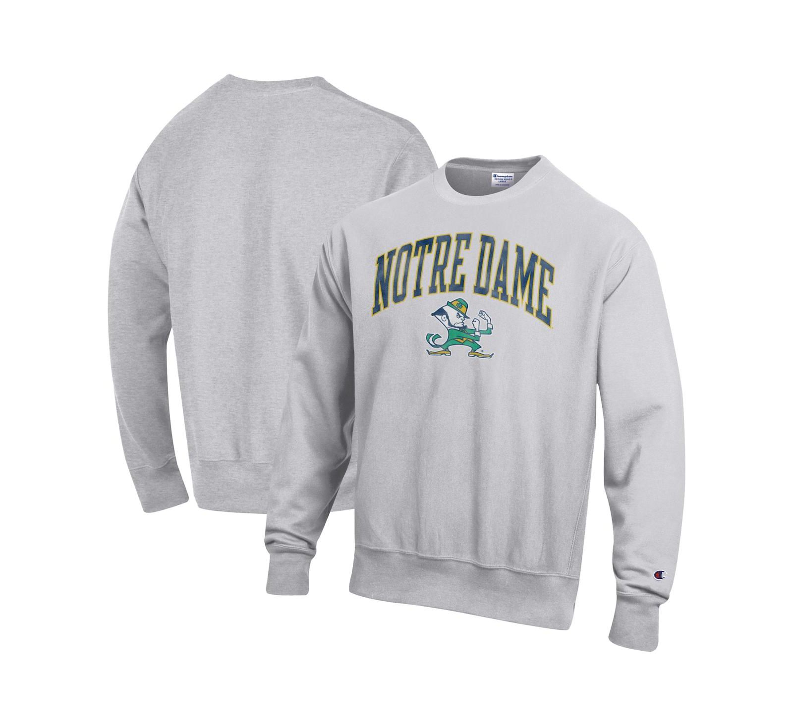 Champion Мужской Gray Notre Dame Fighting Irish Distressed Arch Over Logo Reverse Weave Crew Neck Sweatshirt
