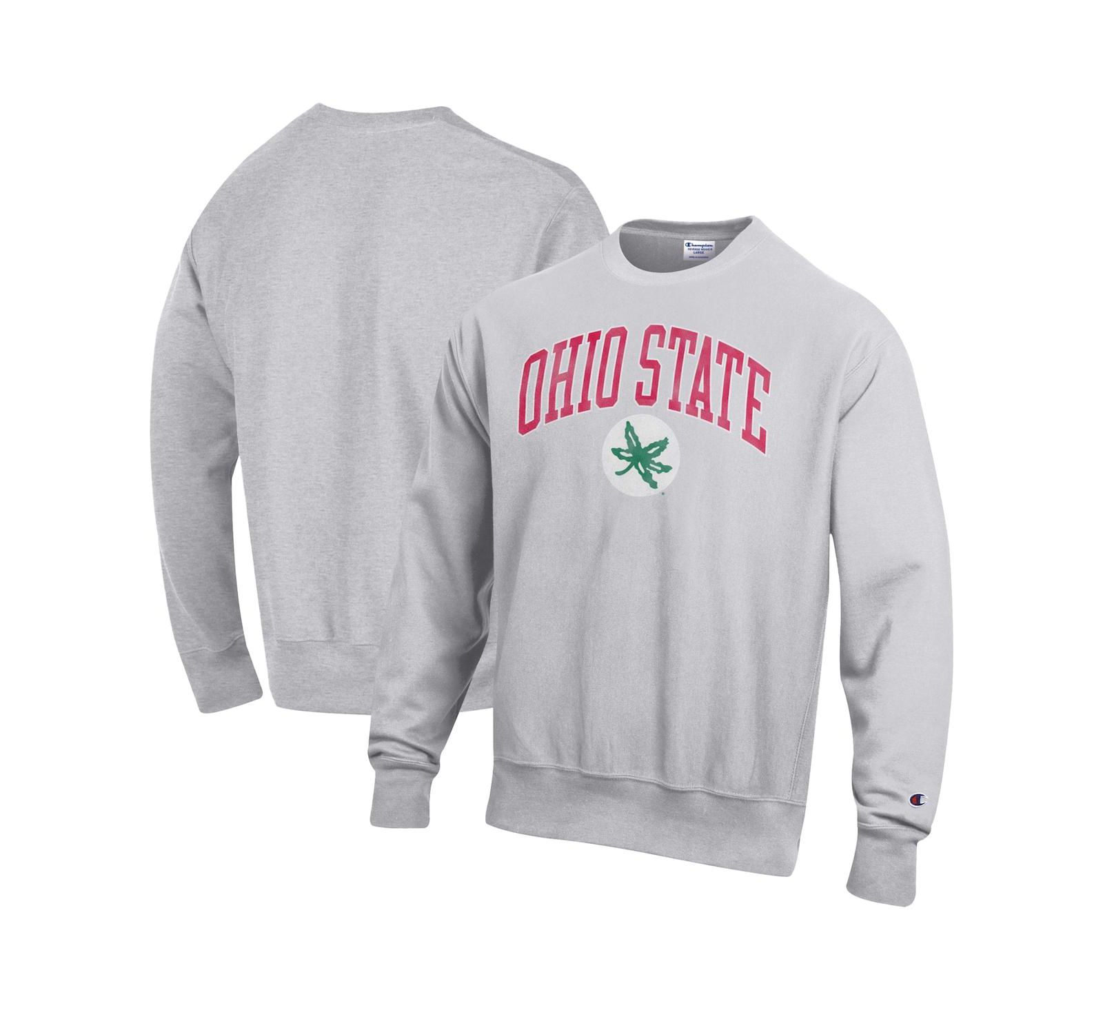 Champion Мужской Gray Ohio State Buckeyes Distressed Arch Over Logo Reverse Weave Crew Neck Sweatshirt